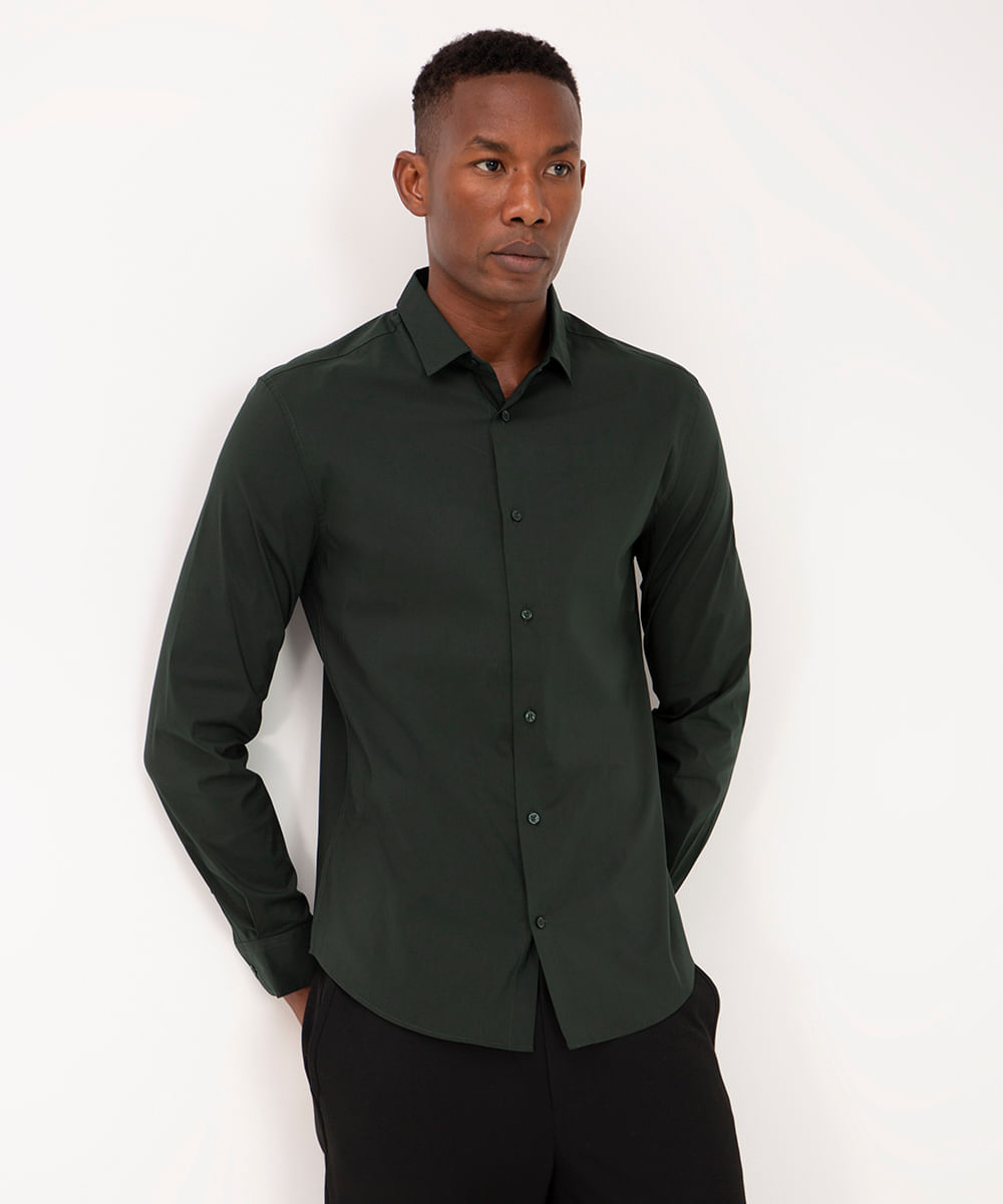 camisa slim de algodão manga longa verde