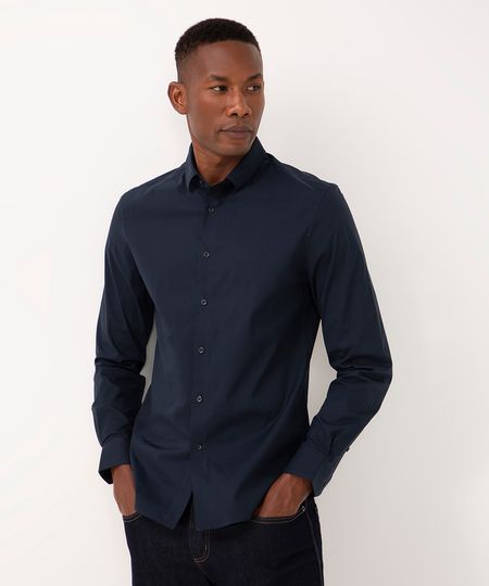 camisa slim de algodão manga longa azul marinho P