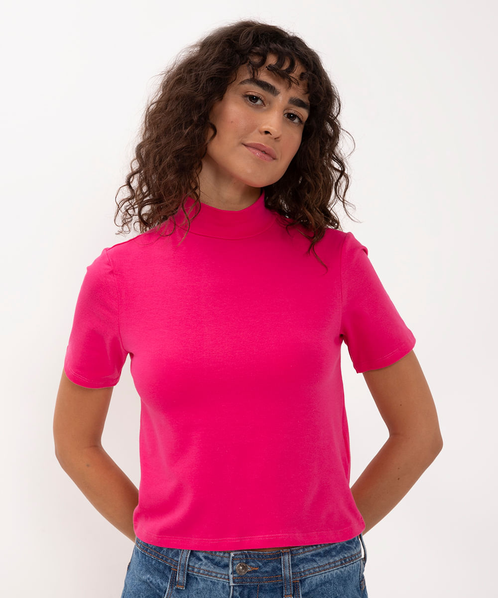 blusa básica manga curta gola alta rosa