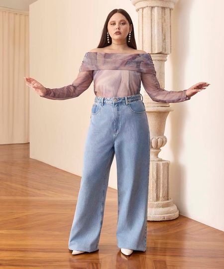 calça jeans reta cintura alta plus size mindset gabriella garcia azul claro 48