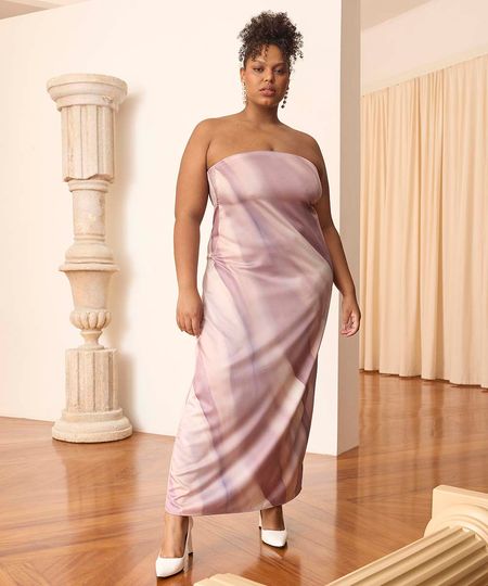vestido longo acetinado sem alça plus size mindset gabriella garcia colorido GG1