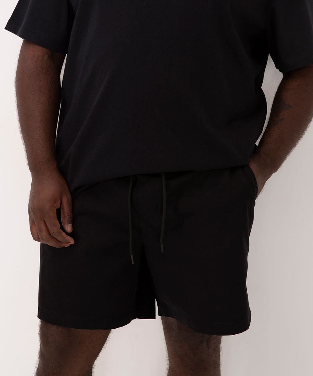 bermuda de sarja plus size com cordão preta - preto