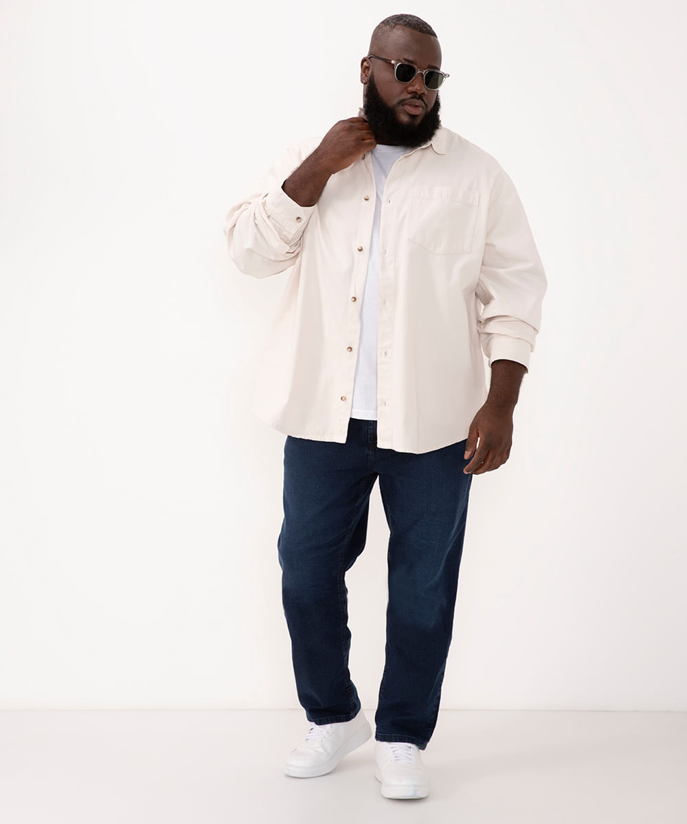 calça jeans reta plus size com bolsos azul escuro - jeans escuro