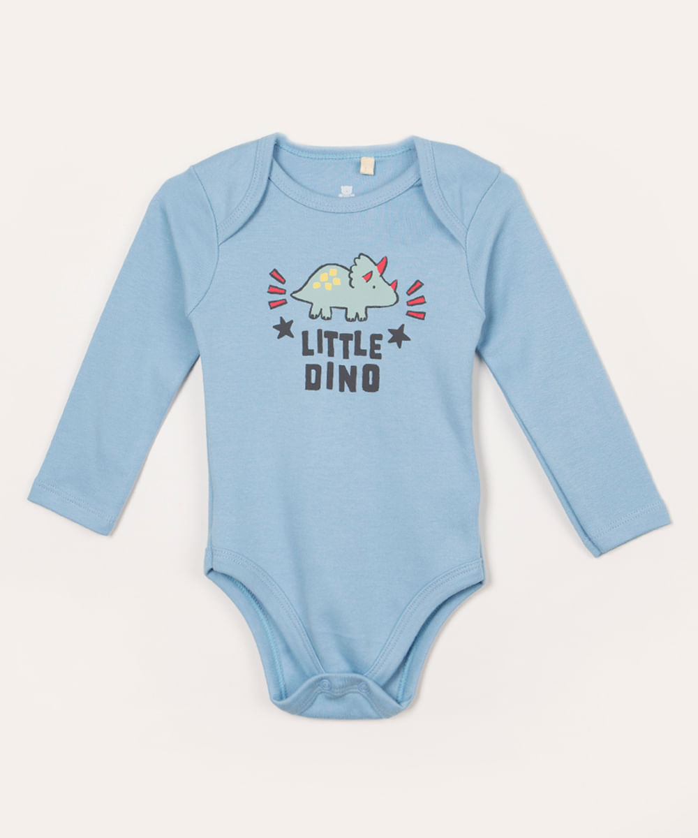 body de algodão infantil dinossauro manga longa azul