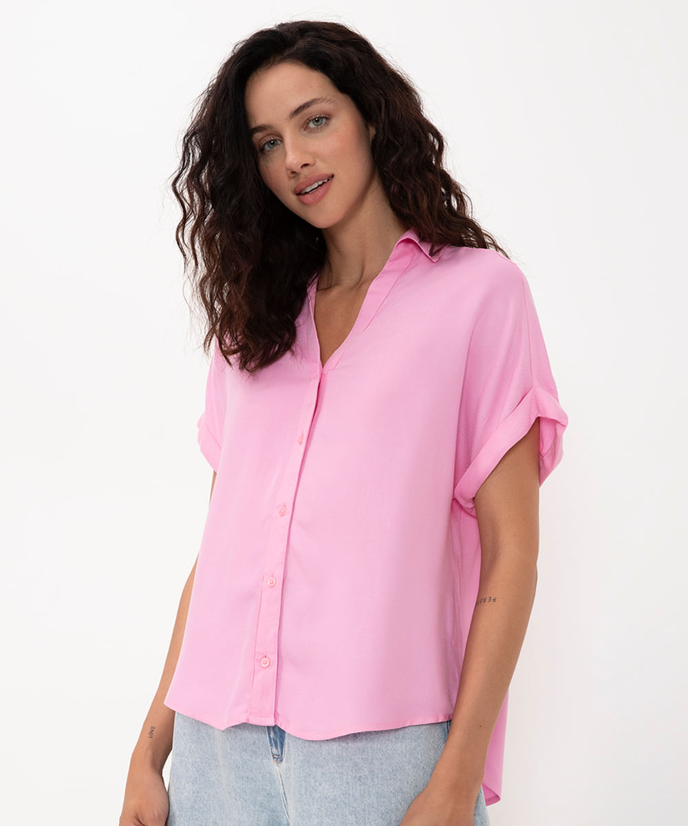 camisa de viscose manga curta com dobra rosa