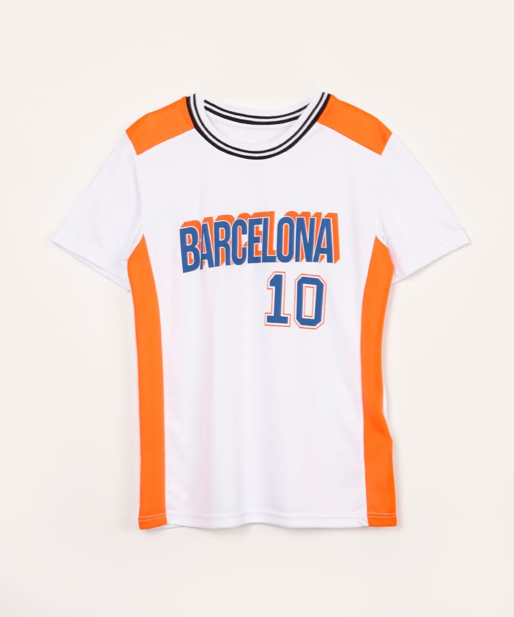 camiseta infantil barcelona 10 manga curta branca