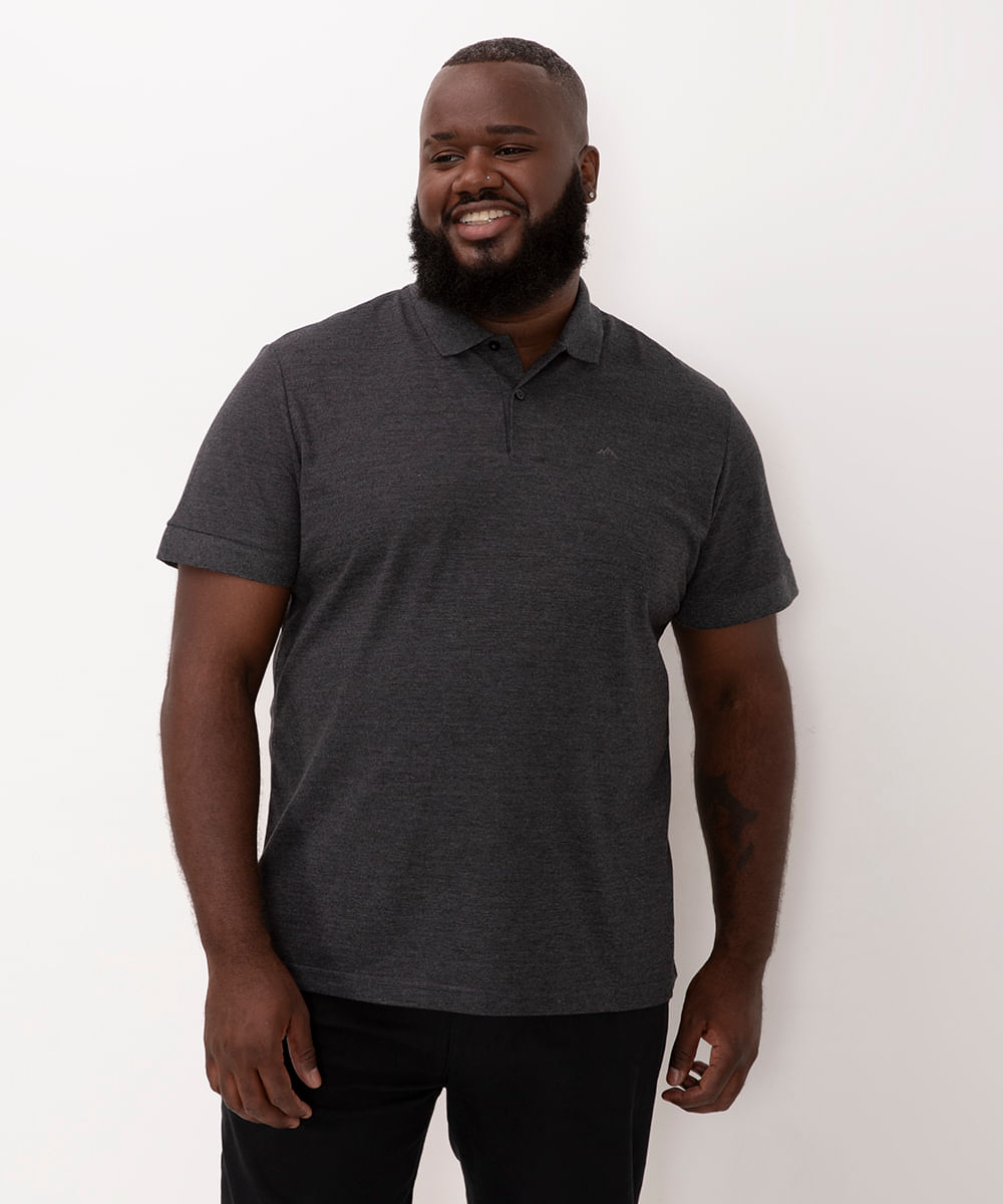 polo tradicional de piquet plus size manga curta cinza mescla escuro