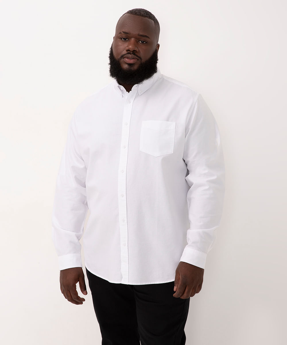 camisa de algodão plus size comfort manga longa branca - branco