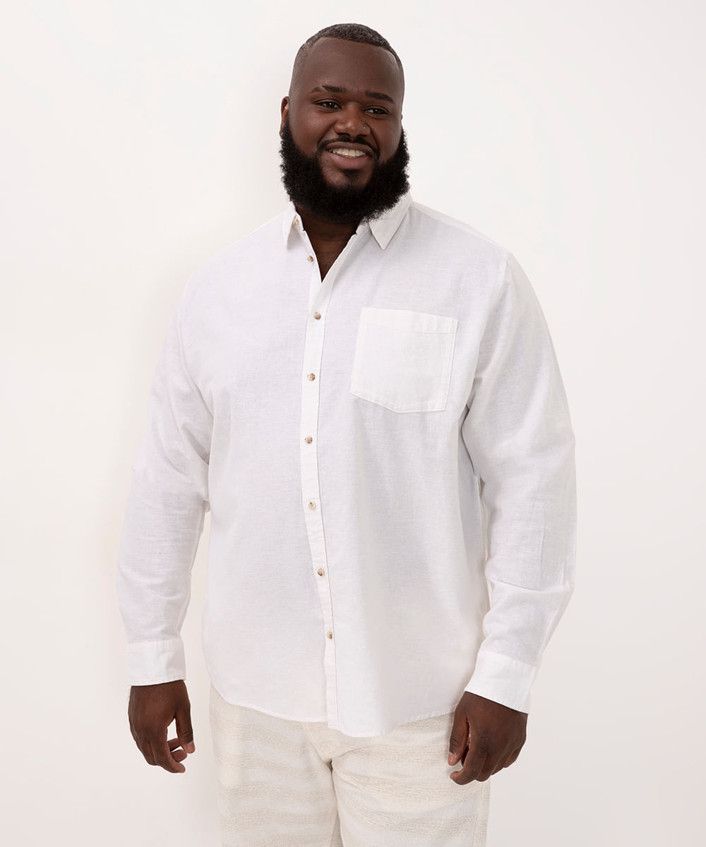 camisa com linho plus size comfort manga longa branco