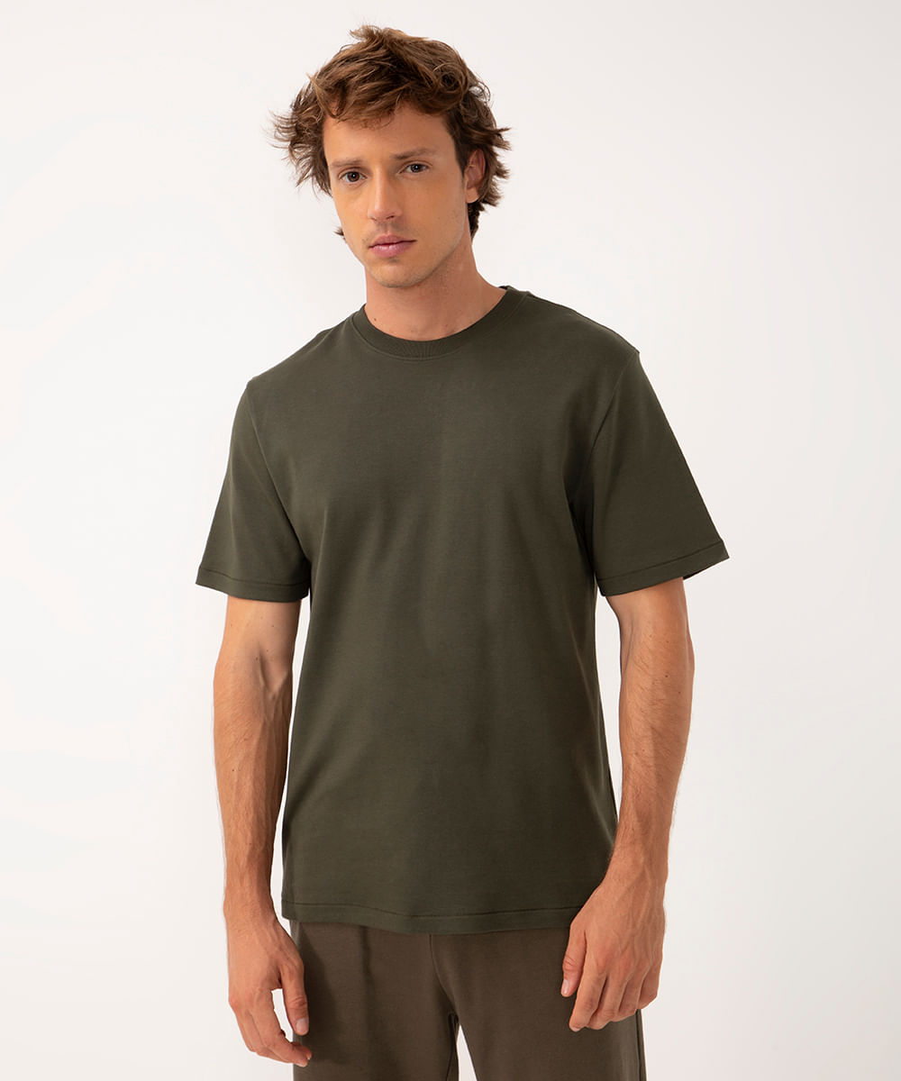 camiseta básica de algodão peruano manga curta - VERDE MILITAR