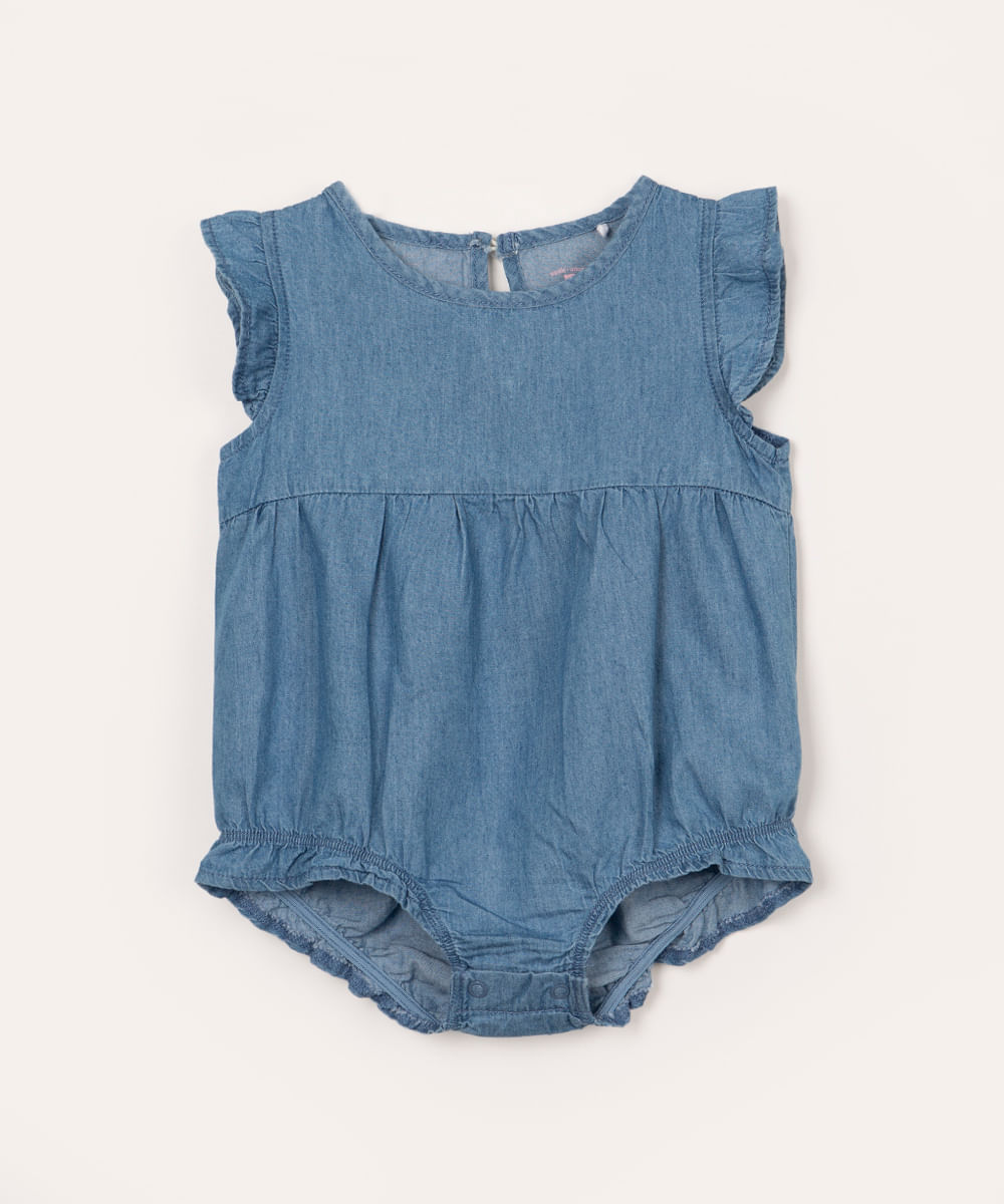 body jeans infantil com babado azul