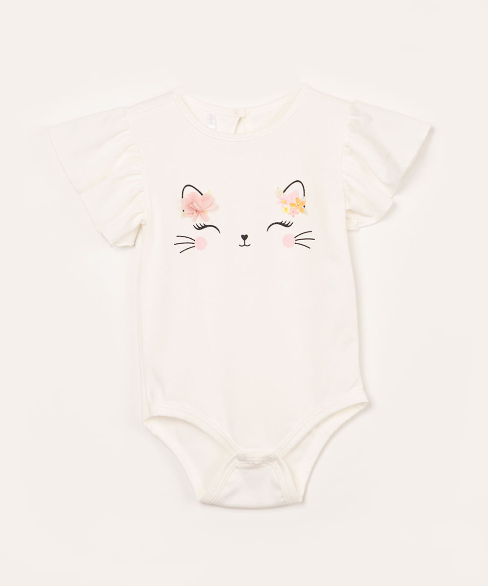 body infantil gatinha com flor manga curta com babado off white