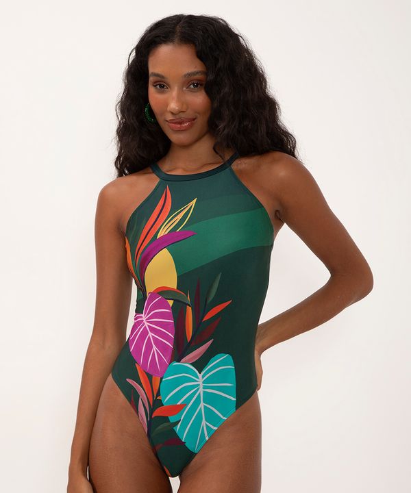 maiô halter neck estampado com bojo e proteção uv verde GG
