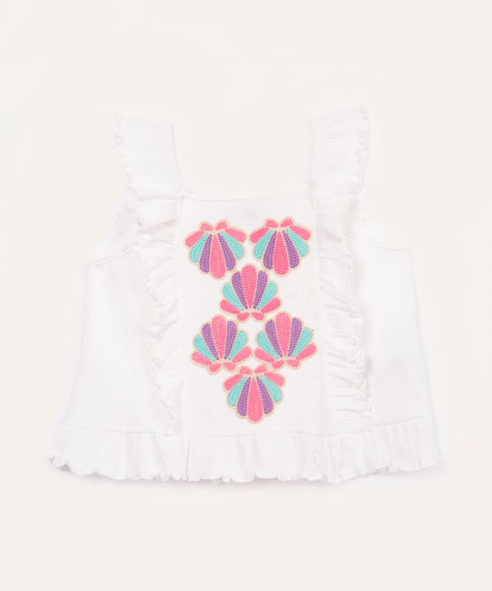 blusa de algodão infantil conchas com babado alça média off white