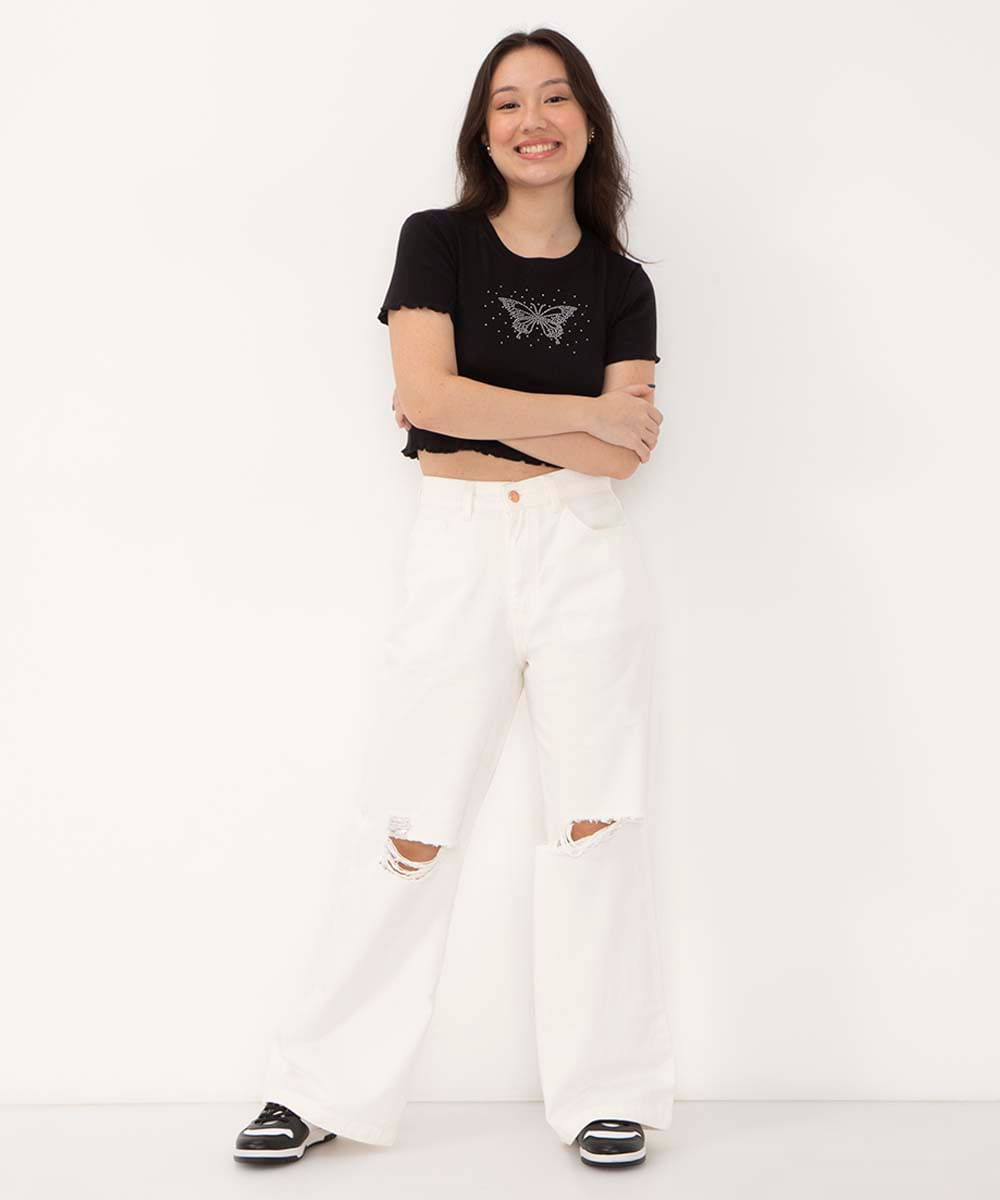 calça juvenil de sarja wide leg destroyed off white