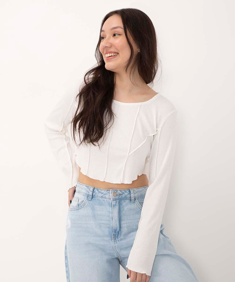 blusa juvenil cropped manga longa off white