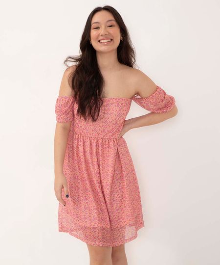 vestido juvenil midi de tule floral manga bufante rosa 14