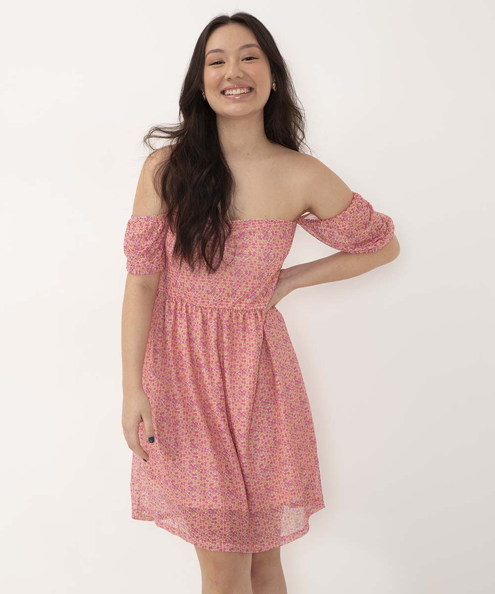 vestido juvenil midi de tule floral manga bufante rosa