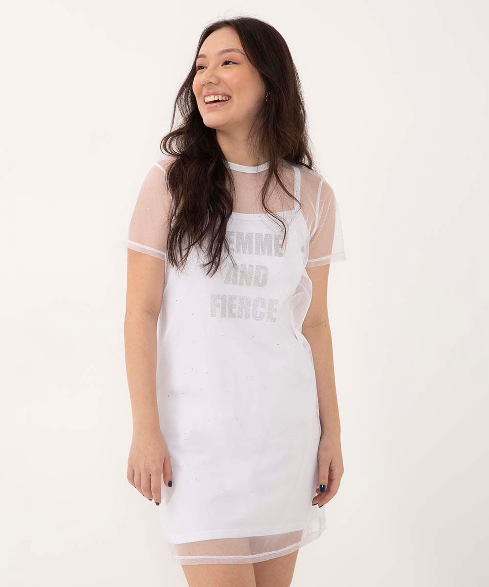 vestido juvenil de tule manga curta com glitter off white