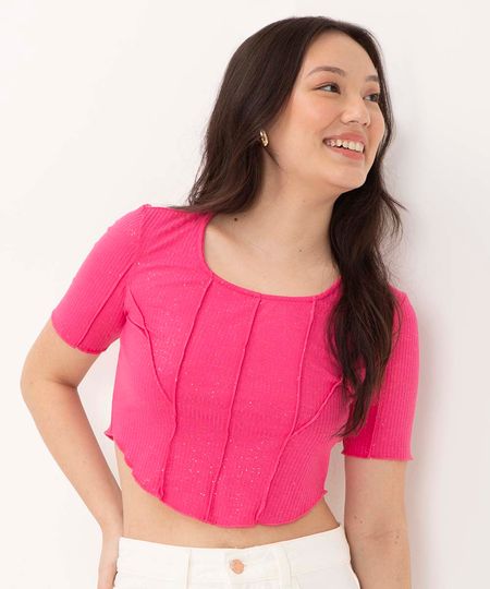 blusa cropped infantil com brilho manga curta pink 10