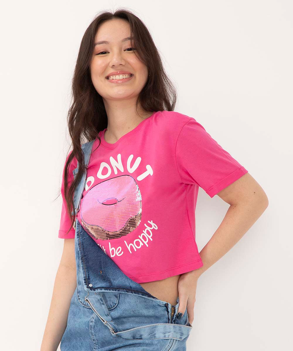 blusa juvenil de algodão cropped manga curta donut paetês pink