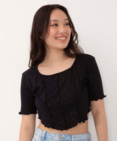 blusa cropped juvenil de malha com glitter manga curta preta 10