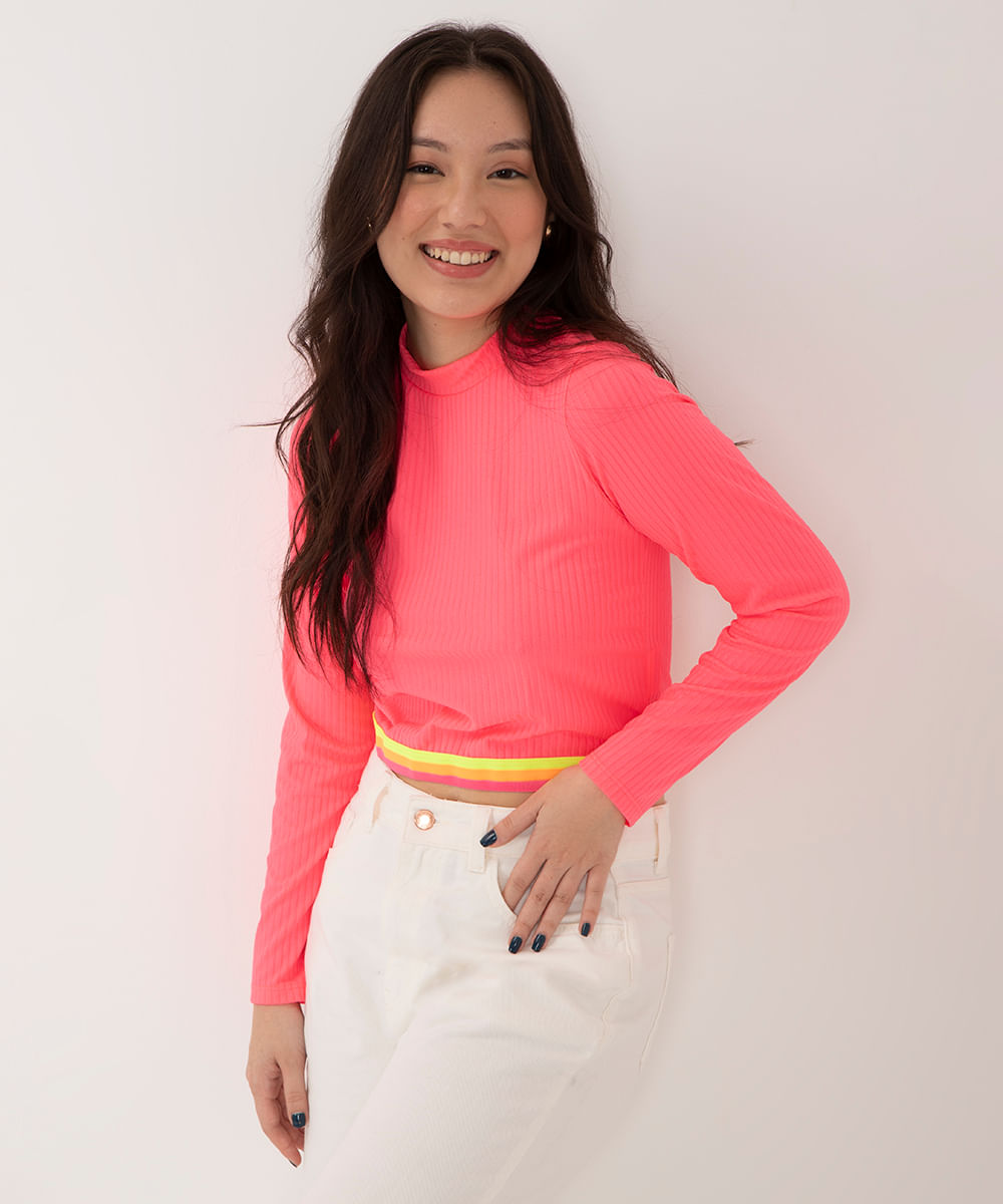 Blusa Juvenil Cropped Canelada com Elástico Manga Longa Gola Alta Pink