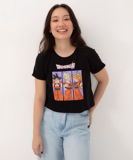 blusa cropped juvenil de algodão manga curta estampada dragon ball super preta 12