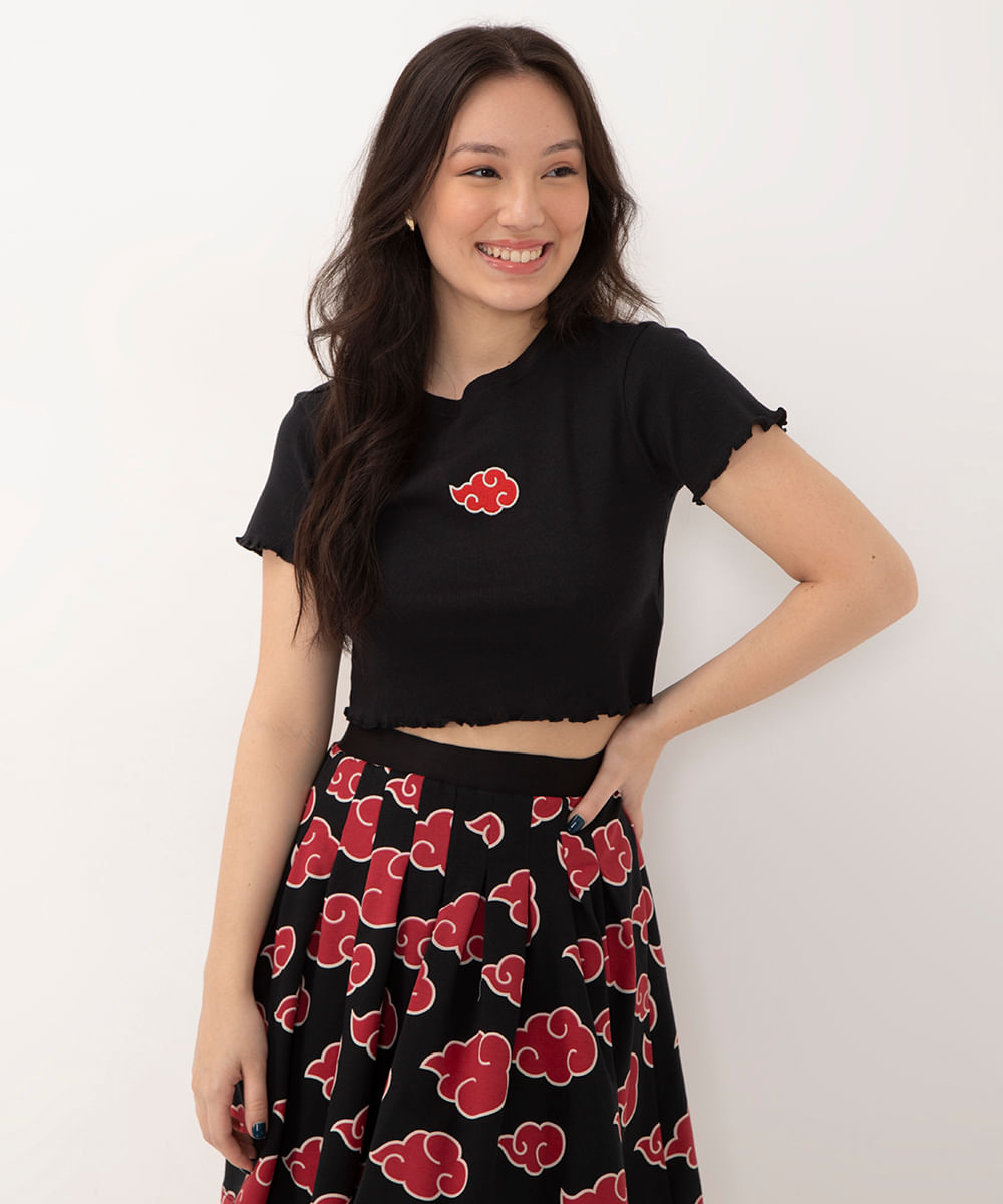 blusa cropped canelada juvenil naruto preta