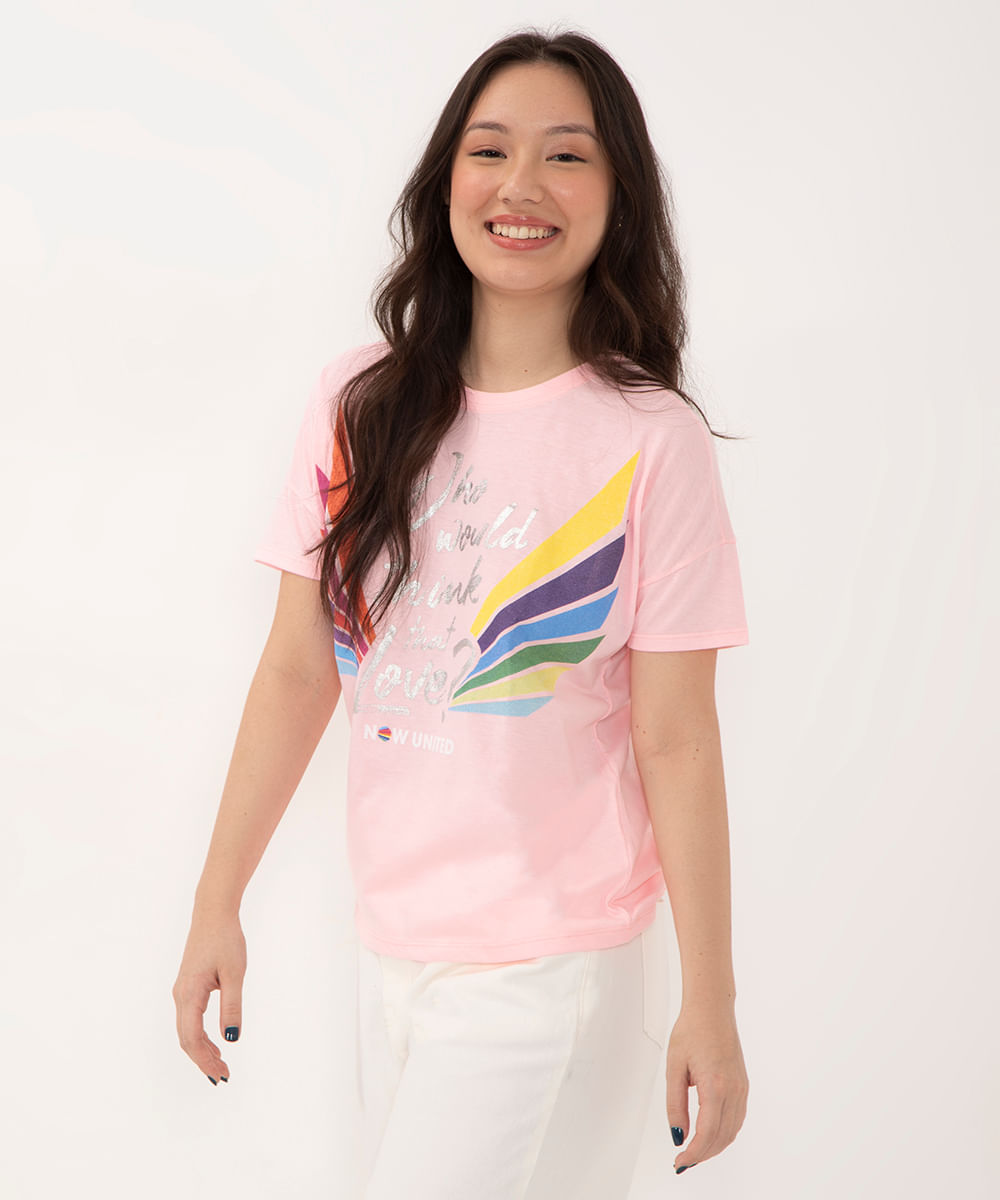 blusa juvenil manga curta now united rosa claro