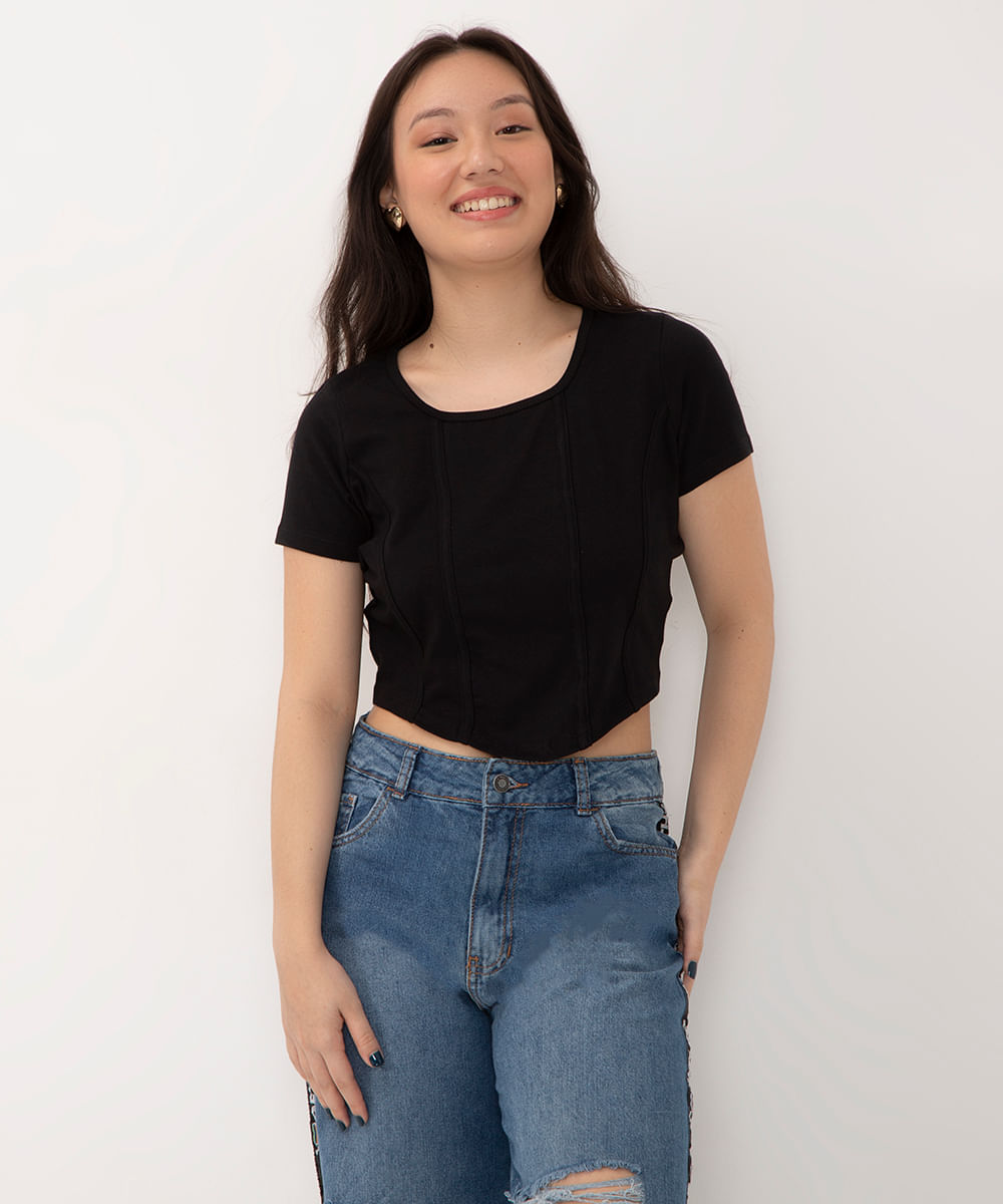 blusa juvenil cropped corset manga curta preta