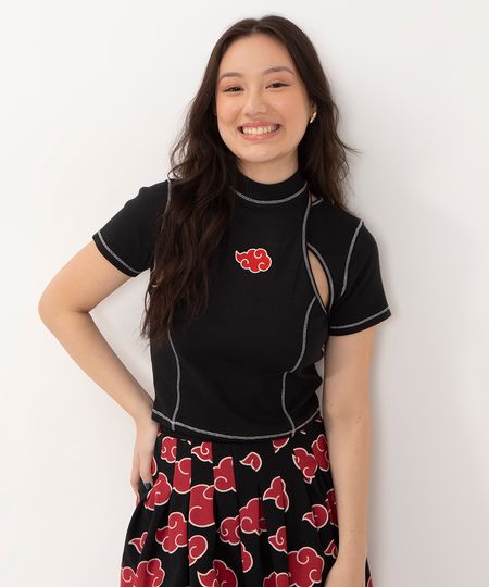 blusa juvenil canelada com recortes manga curta naruto preta 12