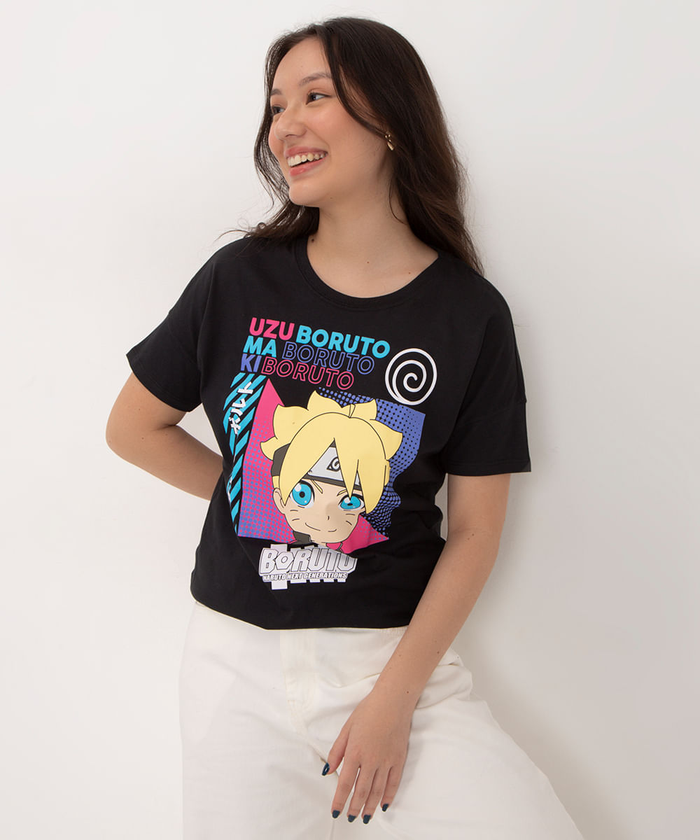 blusa juvenil manga curta boruto preta