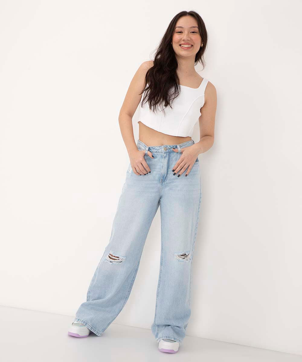 calça juvenil jeans wide leg destroyed azul claro