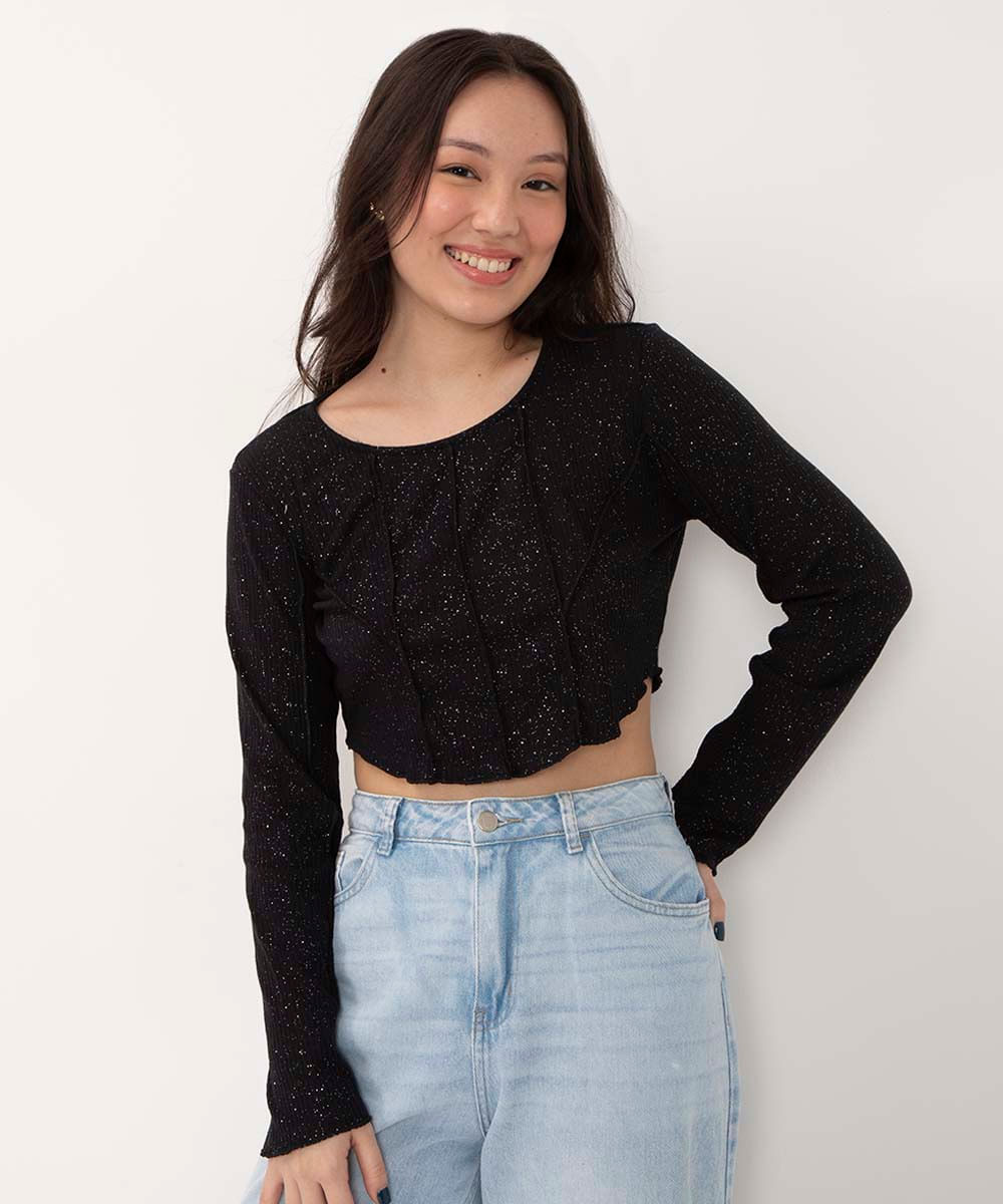 blusa juvenil cropped manga longa preto