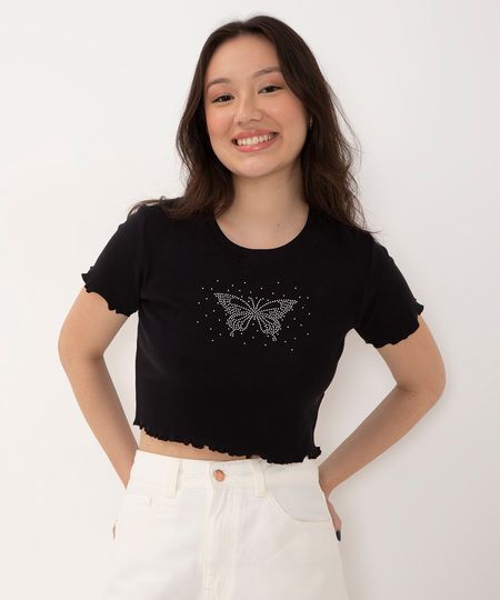 blusa de algodão canelada juvenil borboleta manga curta preta 10 blusa de algodão canelada juvenil borboleta manga curta preta 10