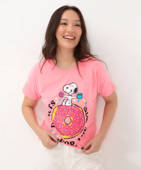 blusa juvenil manga curta snoopy rosa neon 10