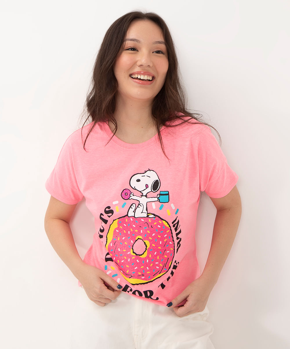 blusa juvenil manga curta snoopy rosa neon