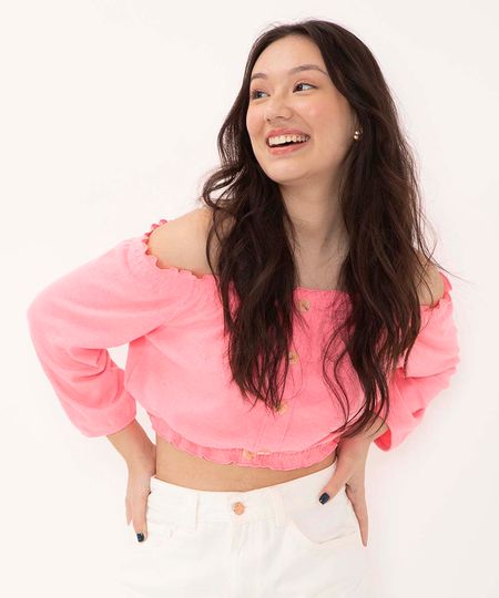 blusa juvenil cropped ombro a ombro rosa 14