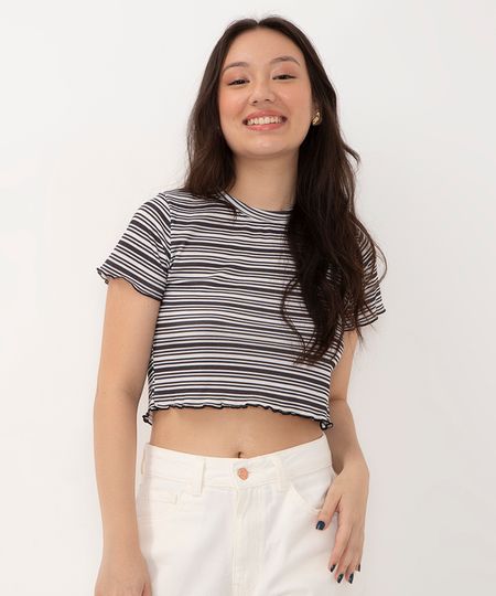 blusa juvenil cropped canelada manga curta listrada preta 10