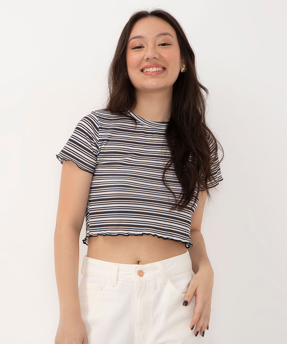 blusa juvenil cropped canelada manga curta listrada preta