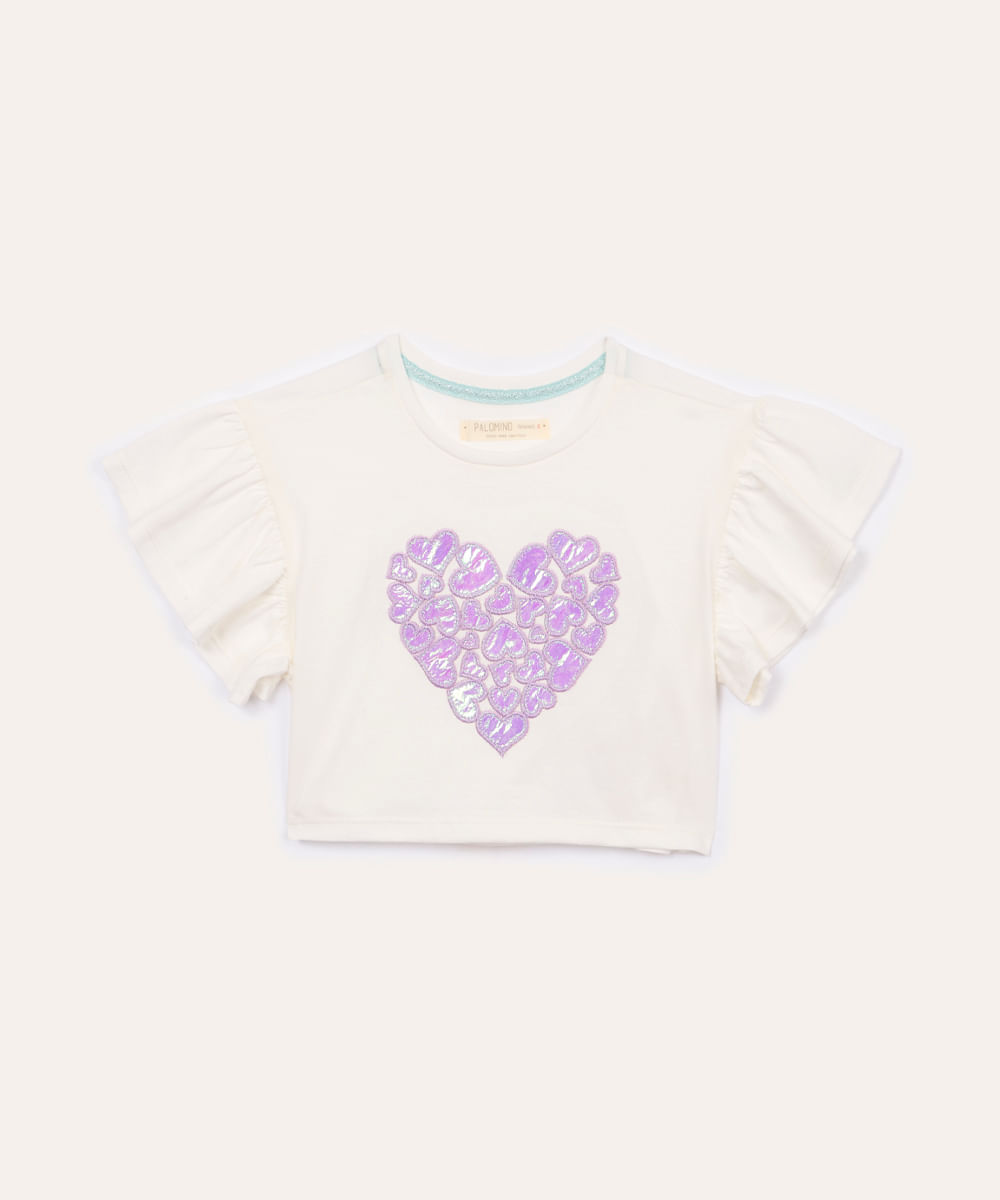 blusa de algodão infantil corações com babado off white