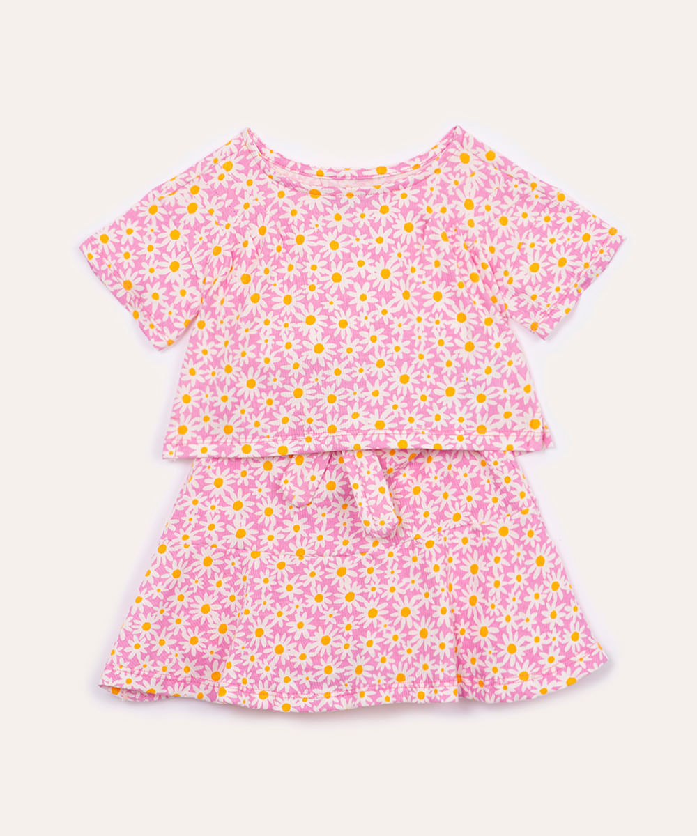 conjunto de algodão infantil floral manga curta rosa