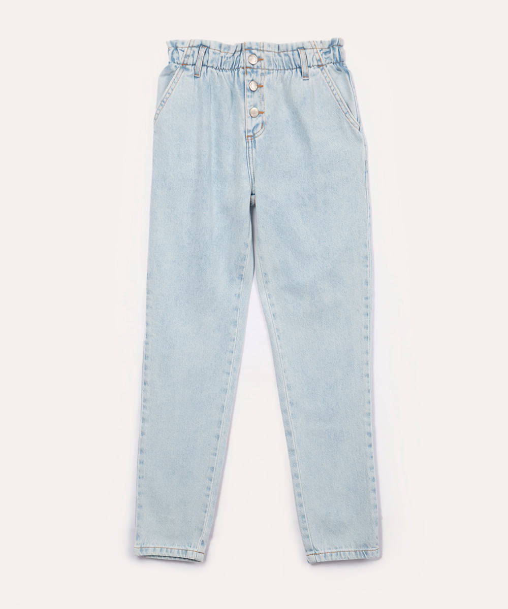 calça jeans clochard infantil com elástico e bolsos azul claro