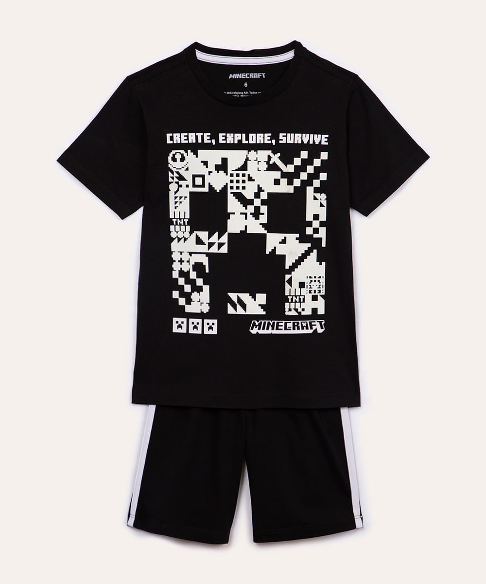 pijama de algodão infantil minecraft manga curta preto