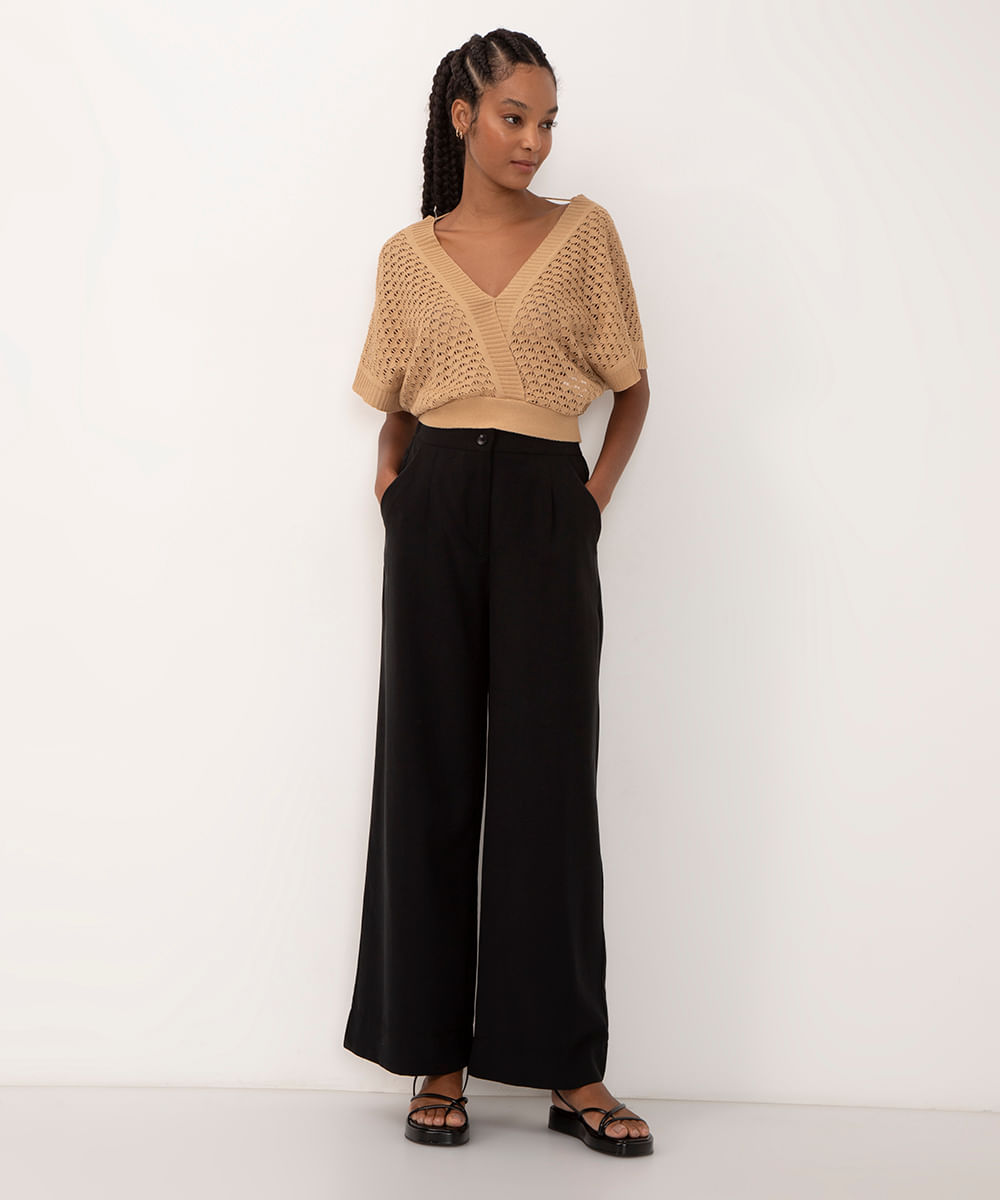 calça wide leg de viscose cintura alta com elástico preto