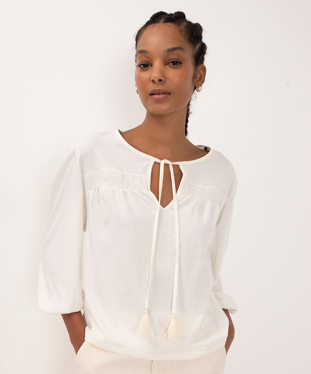 blusa de algodão com lastex manga longa bufante off white