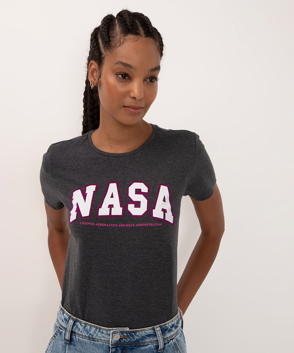 camiseta de algodão mescla nasa manga curta cinza mescla escuro