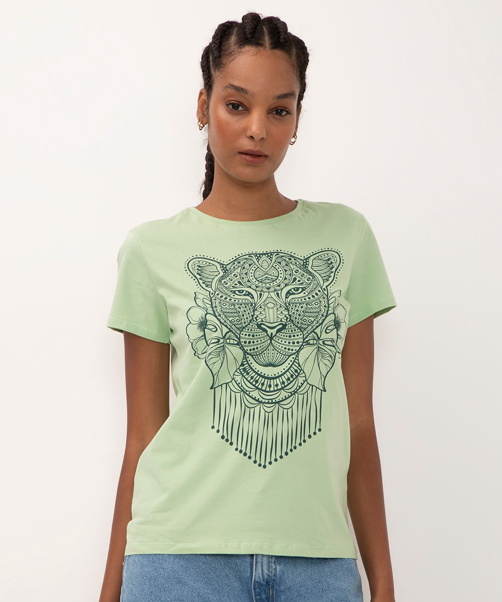 camiseta de algodão leoa tatto manga curta decote redondo verde claro