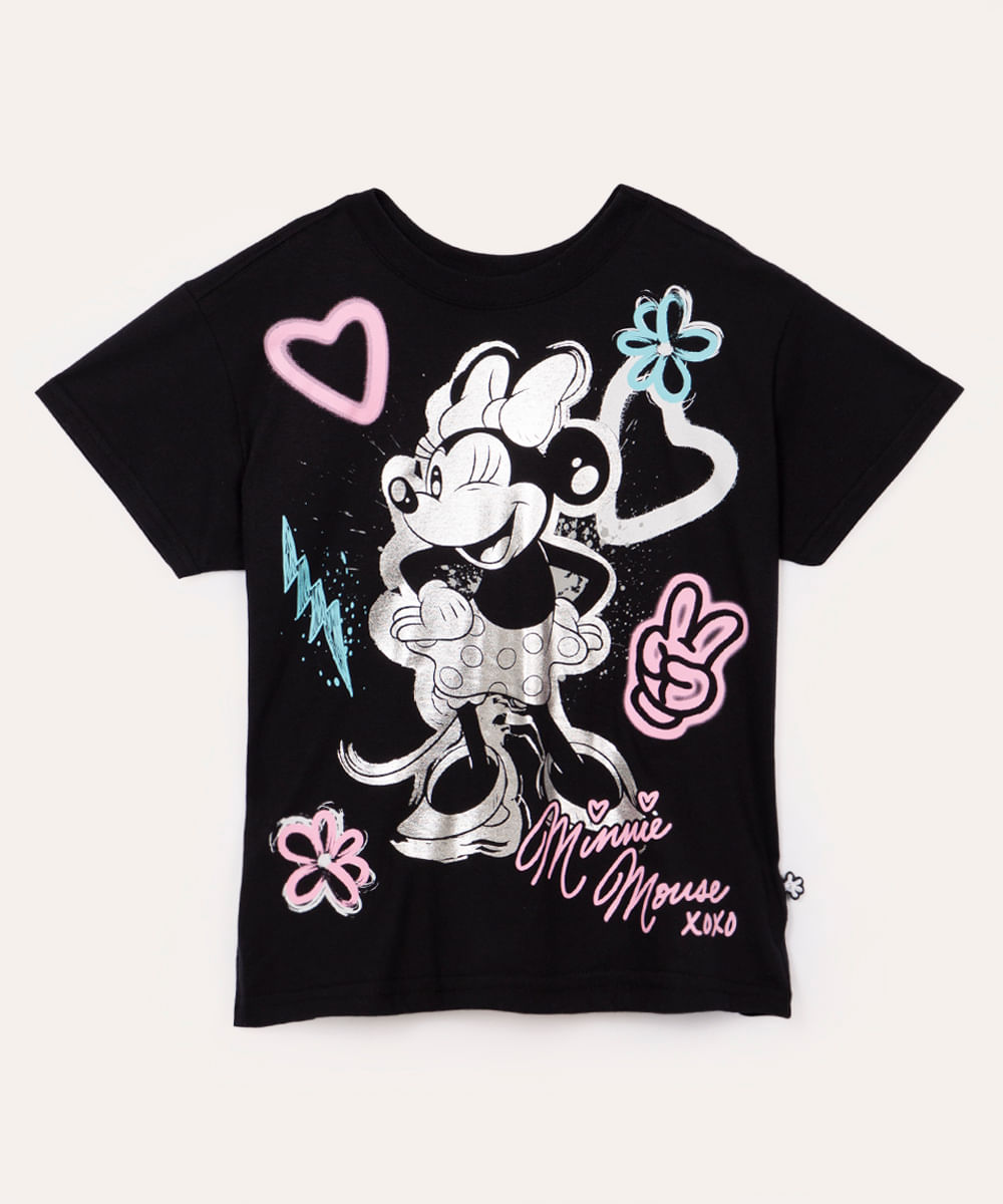 blusa infantil disney oversized minnie manga curta preto